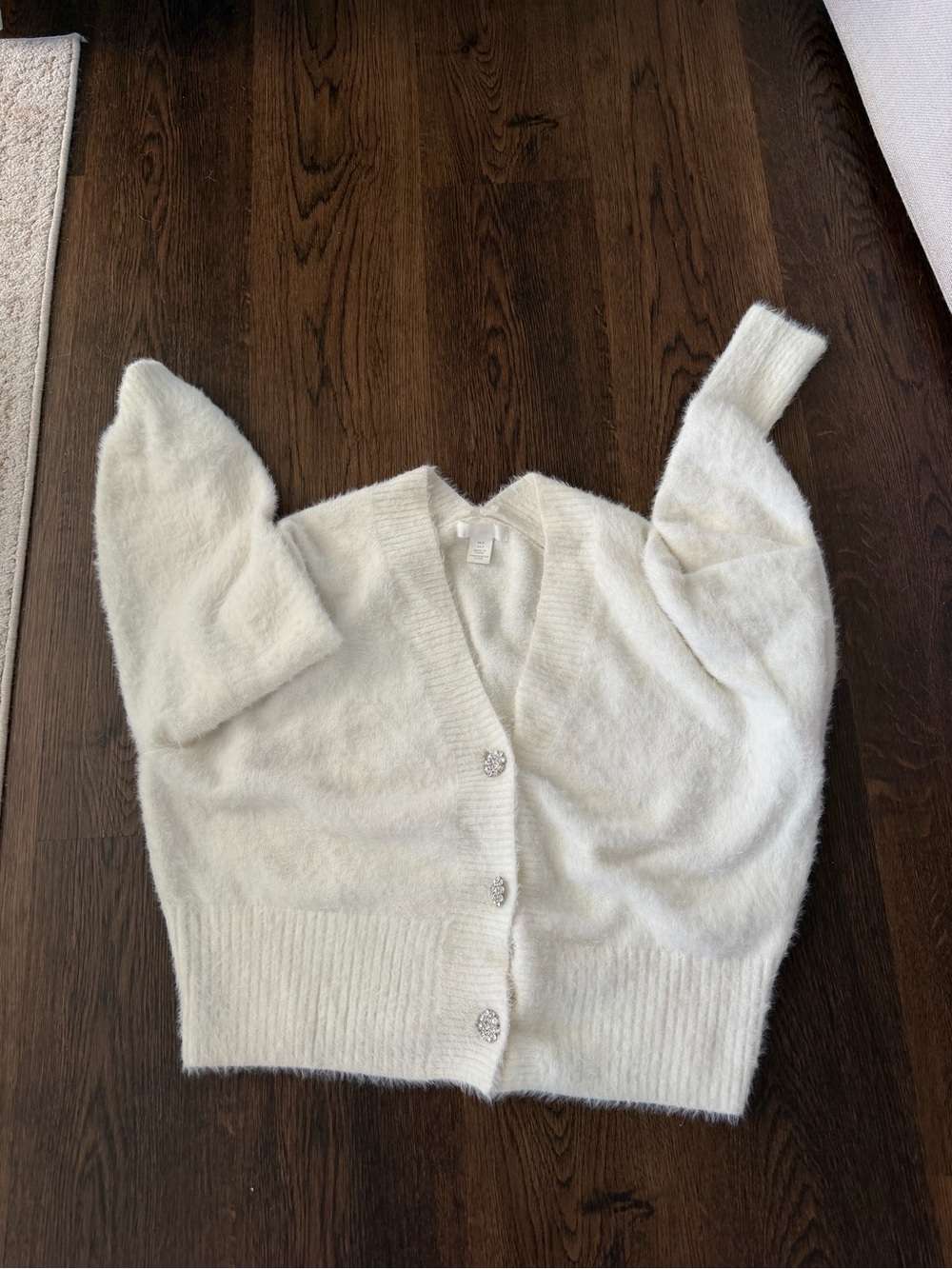 H&M Fuzzy V-Neck Button Cardigan Sweater in Off-White